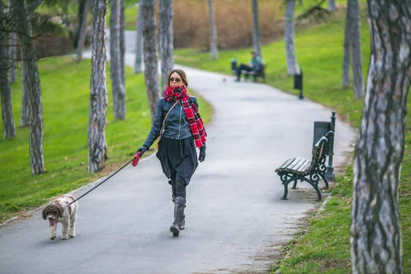 Woman Walking Dog Leash Park — Stock Photo, Image