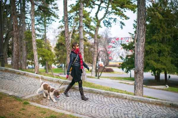 Młoda Kobieta Wyprowadzająca Psa Smyczy Parku — Zdjęcie stockowe