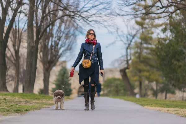 Young Woman Taking Her Dog Walk — Stock Photo, Image