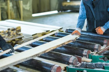 Ahşap üretim fabrikasında ahşap döşeme işçileri