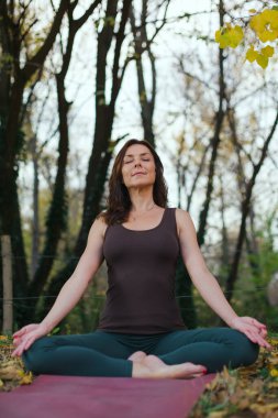 Genç bir kadın ormanda meditasyon yapıyor.