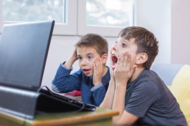 Bilgisayarda internet kullanmaktan zevk alan iki genç çocuk