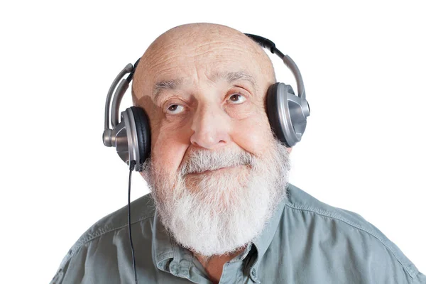 Anciano Con Auriculares Aislados Sobre Fondo Blanco — Foto de Stock