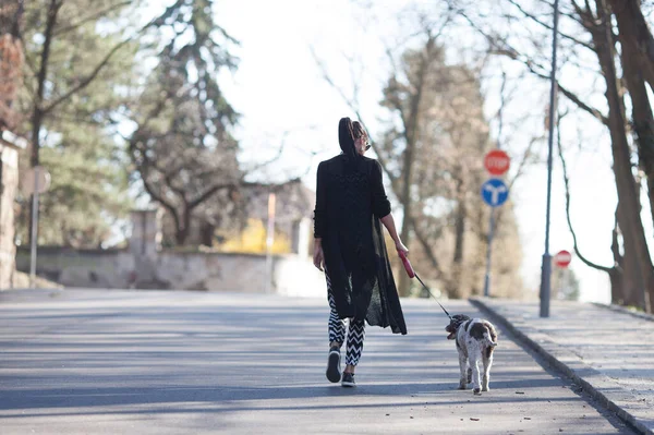 Donna Suo Cane Fare Una Passeggiata — Foto Stock