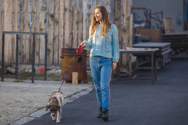 Young Woman Walking Her Dog Street — Stock Photo, Image