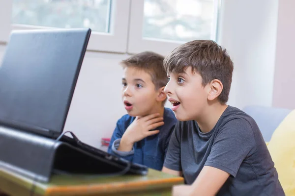 Zwei Kleine Jungen Genießen Die Nutzung Des Internets Laptop — Stockfoto