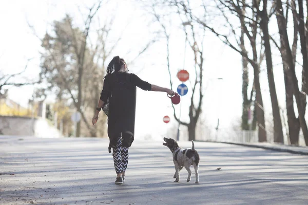 Woman Her Dog Taking Walk — Stock Photo, Image