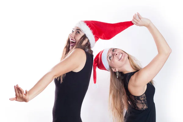 Twee Santa Meisjes Hebben Plezier Nieuwjaarsfeest — Stockfoto