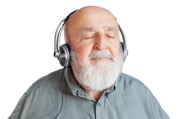 Anciano Con Auriculares Escuchando Música — Foto de Stock