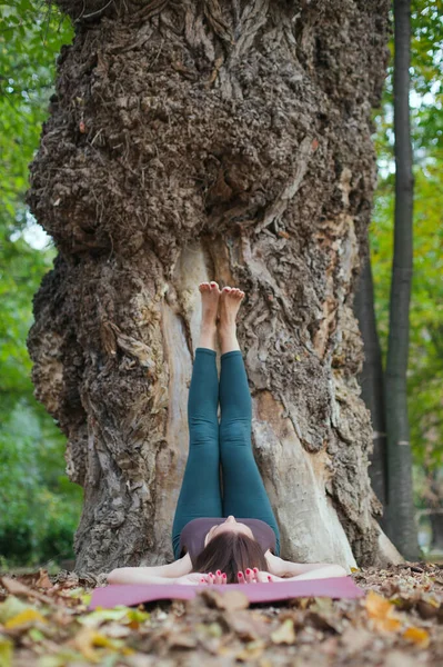 Mujer Joven Haciendo Ejercicio Junto Árbol — Foto de Stock