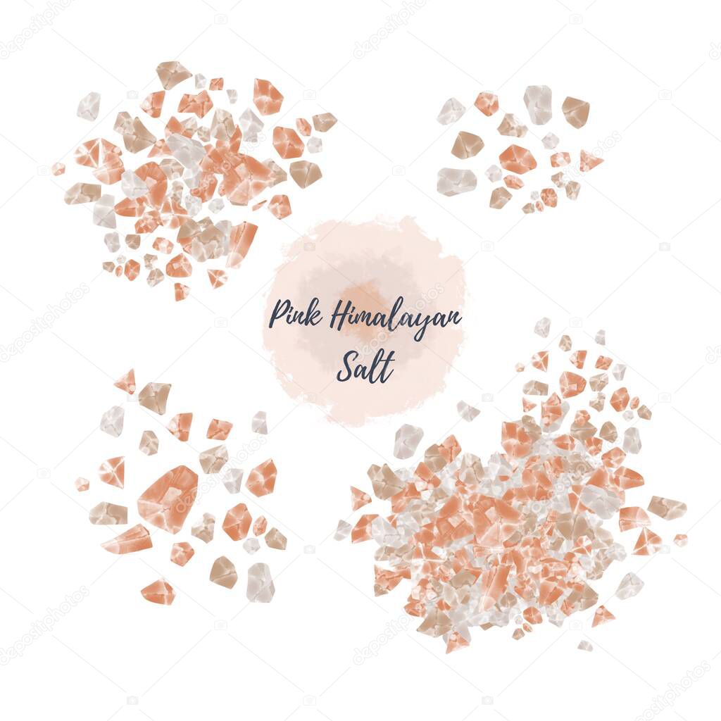 Pink himalayan salt isolated on white background digital watercolor illustration. Heap, pile, scattered crystal pieces