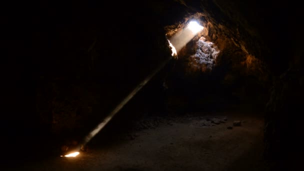 Raggi di luce brillano all'interno della grotta del tubo di lava — Video Stock