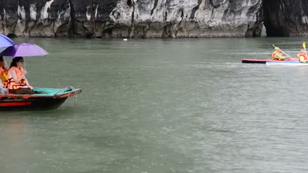 Туристы на лодке в родной рыбацкой деревне — стоковое видео