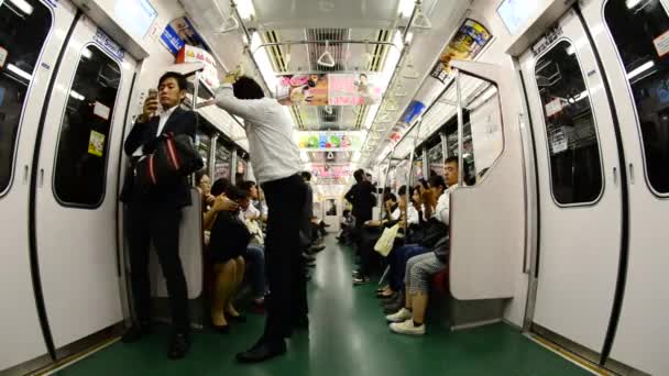 Passageiros montando um carro de metrô ocupado — Vídeo de Stock