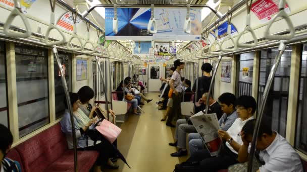 Passageiros montando um carro de metrô ocupado — Vídeo de Stock