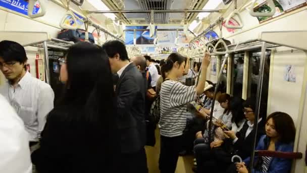 Passeggeri che viaggiano su un'automobile della metropolitana trafficata — Video Stock