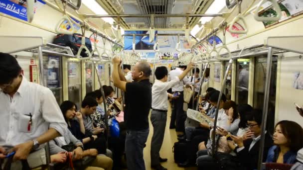 Passeggeri che viaggiano su un'automobile della metropolitana trafficata — Video Stock