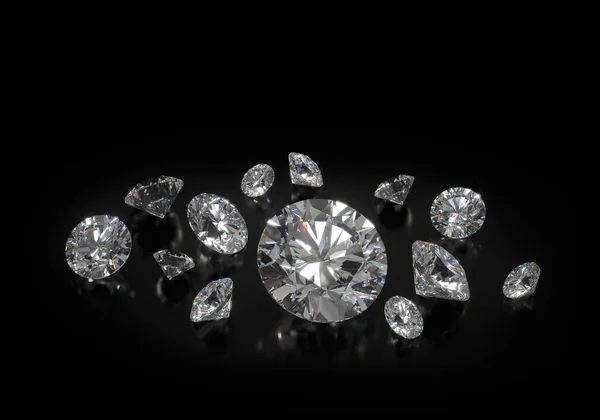Schöner 3D gerenderter glänzender Diamant im Brillantschliff auf schwarzem Hintergrund, Kristallhintergrund Stockbild