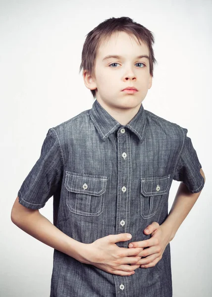 Portrait Sad Schoolboy Holding His Hands Stomach Suffering Abdominal Pain — Stock Photo, Image