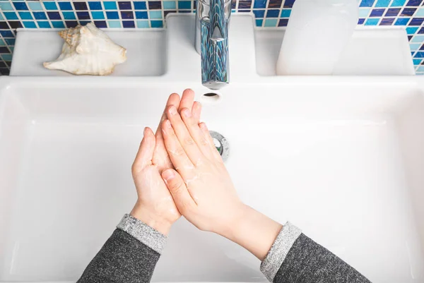 Child Diligently Soaping Hands Performing Handwashing Basic Protective Measure Spreading — Φωτογραφία Αρχείου