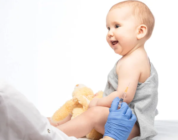Pediatrician Nurse Ready Give Intramuscular Injection Vaccine Baby Girl Coronavirus — Zdjęcie stockowe