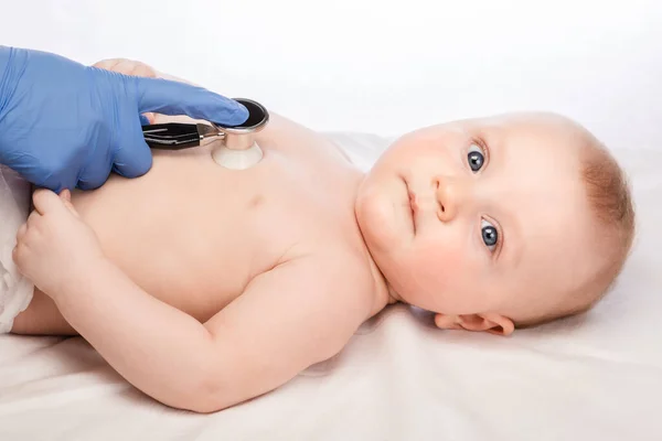Pediatrician Examines Month Baby Boy Chest Pediatric Clinic Doctor Using — Zdjęcie stockowe