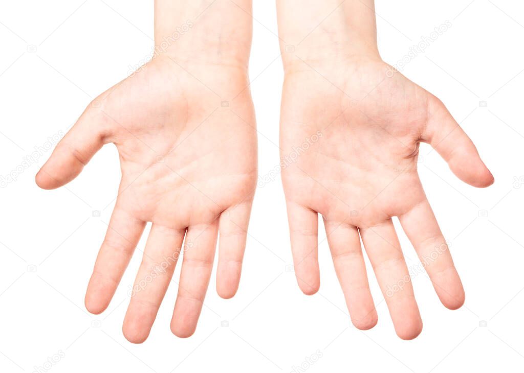 Child showing clean hands with palms up to mother after washing isolated on white background - basic protective measures against spreading of coronavirus epidemy concept