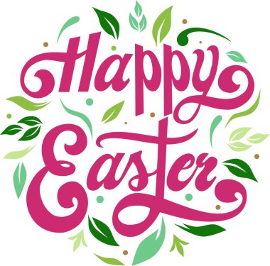 Happy Easter text with leaf icons background illustrations