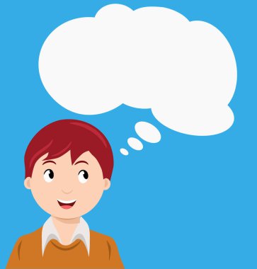 Düşünce baloncuklu çocuk, çizgi film vektör çizimi.