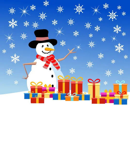 Snowman with a gifts — Stock Vector