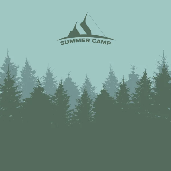 Summer Camp. Bild av naturen. Träd Silhouette. Vector Illustrati — Stock vektor