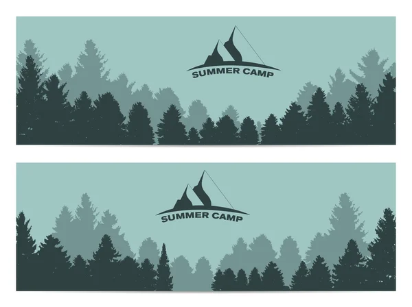 Summer Camp. Bild av naturen. Träd Silhouette. Vector Illustrati — Stock vektor