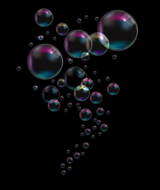 Siyah arka plan üzerine şeffaf köpük. Vektör çizim