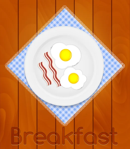 Placa blanca con huevos fritos en la servilleta de cocina en tableros de madera B — Vector de stock