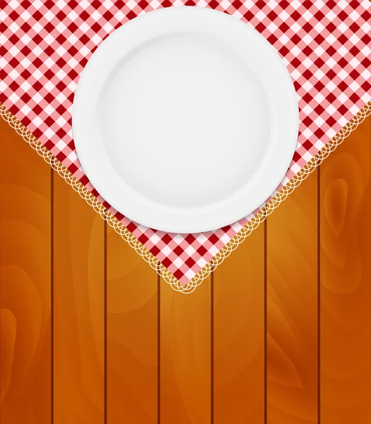 Assiette Eppty blanche sur une serviette de cuisine sur des planches en bois — Image vectorielle