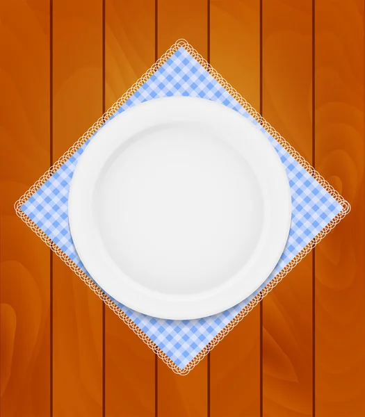 Weißer eppty Teller auf Küchenserviette auf Holzbrettern Hintergrund — Stockvektor