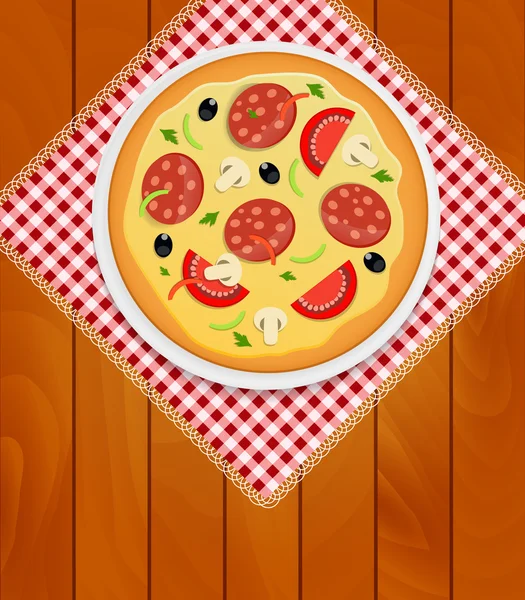 Pizza en placa blanca en servilleta de cocina en tableros de madera Backgrou — Vector de stock