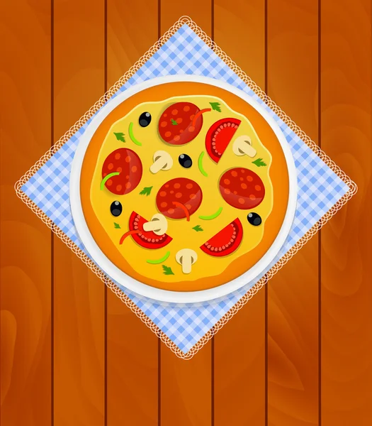 Pizza en placa blanca en servilleta de cocina en tableros de madera Backgrou — Vector de stock