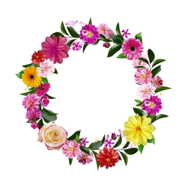 Frame Made from Summer Pink Flowers and Green Leaves Isolated on — Stock Photo, Image