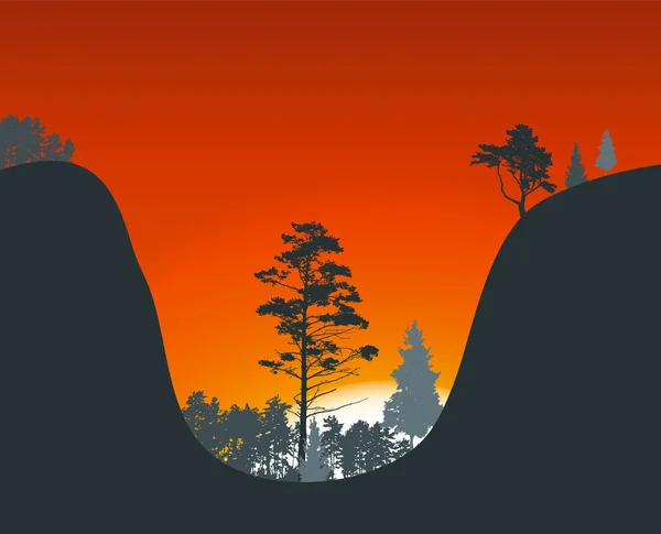 Silueta del árbol en el fondo del atardecer. Ilustración vectorial — Vector de stock