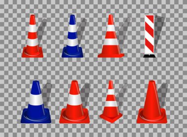 Yol işaretleri kümesi. Turuncu ve mavi rozet korkulukları transpare üzerinde