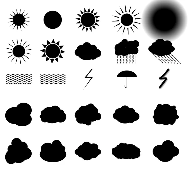 Zestaw symboli: słońce, chmury, burze z błyskawicami, parasol. Wektor pokazanego — Wektor stockowy