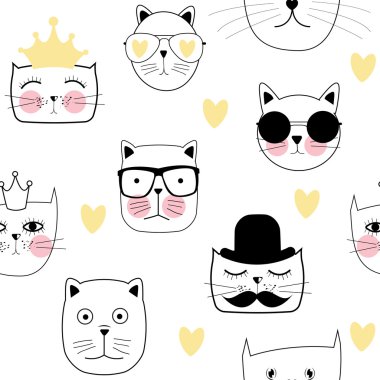 Şirin Handdrawn kedi Dikişsiz desen vektör çizim