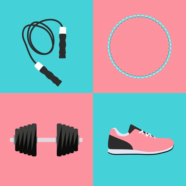 Sport Hula Hoop, Тренеры, гантели и Skipping Rope Icon Flat — стоковый вектор