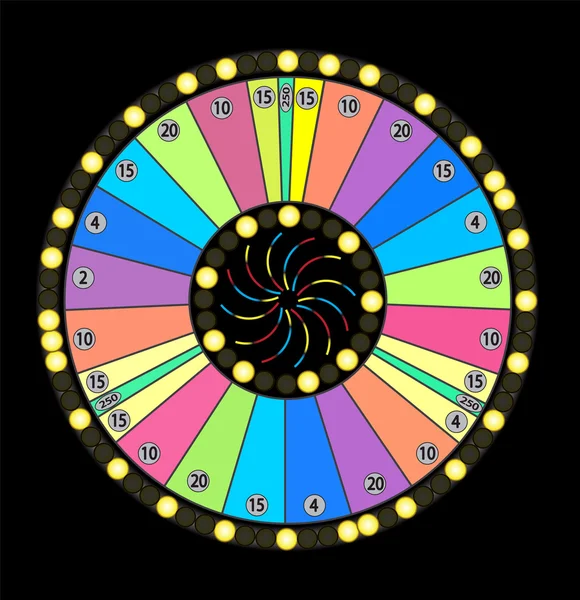 Colour Wheel of Fortune, Game Jackpot on Black Background. Vecto — Stock Vector