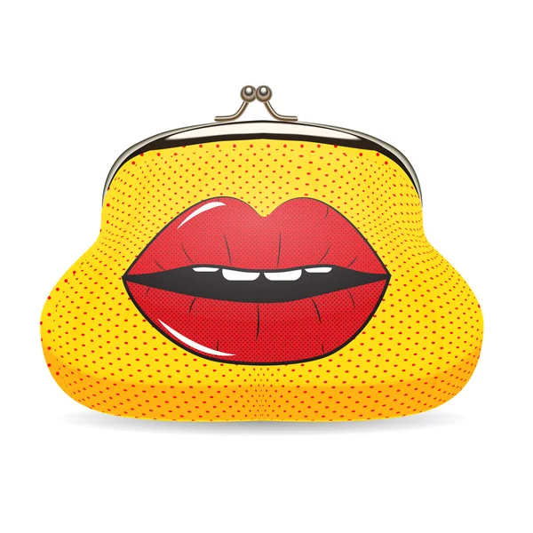 Γυναικείο πορτοφόλι σε Pop Art στυλ με κουκκίδες και χείλη ρεαλιστική Vect — Διανυσματικό Αρχείο