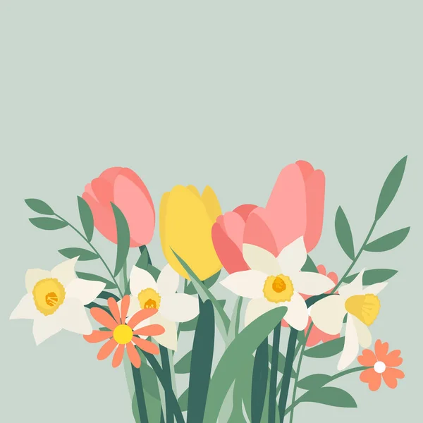 Bouquet of spring flowers tulips and daffodils. Vector Illustration