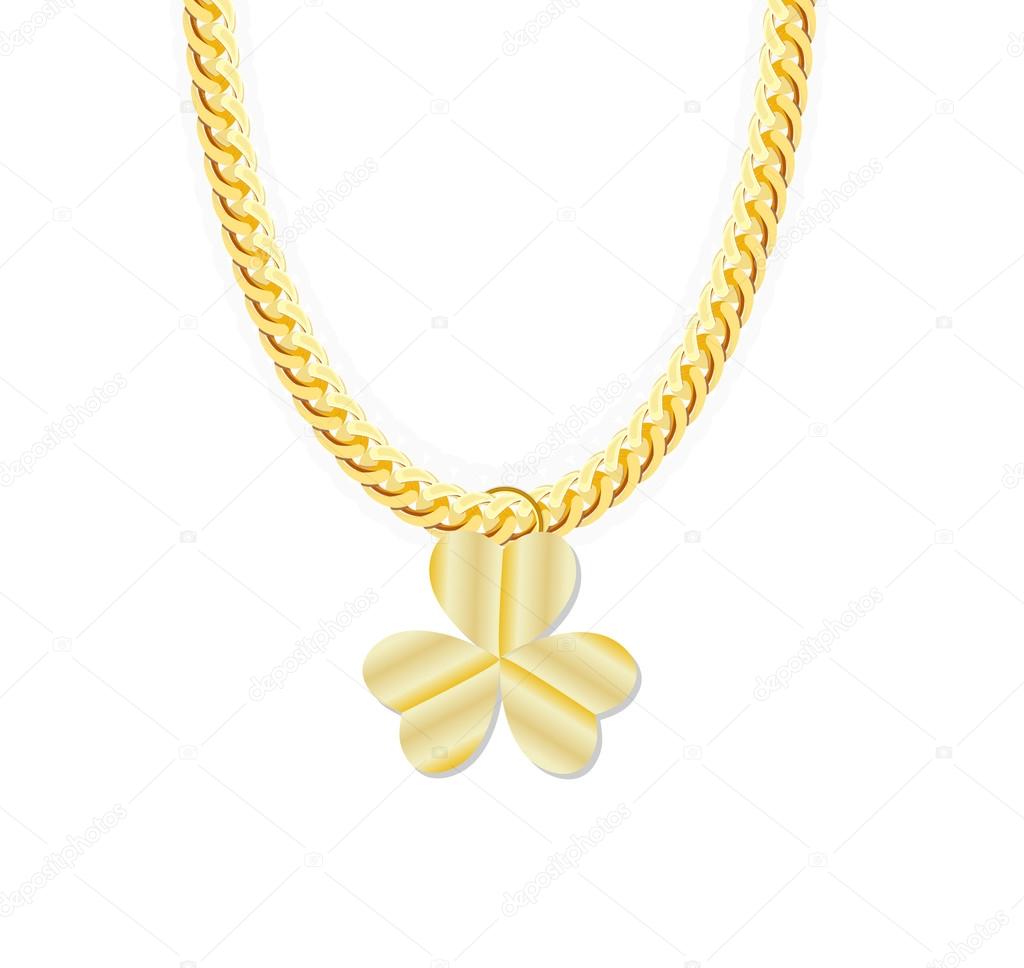 Gold Chain Jewelry whith Three Leaf Clover. Vector Illustration.