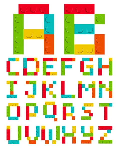 Αλφάβητο σκεύη από παιχνίδι τούβλο κατασκευή μπλοκ απομονωμένες Γουίτ — Διανυσματικό Αρχείο