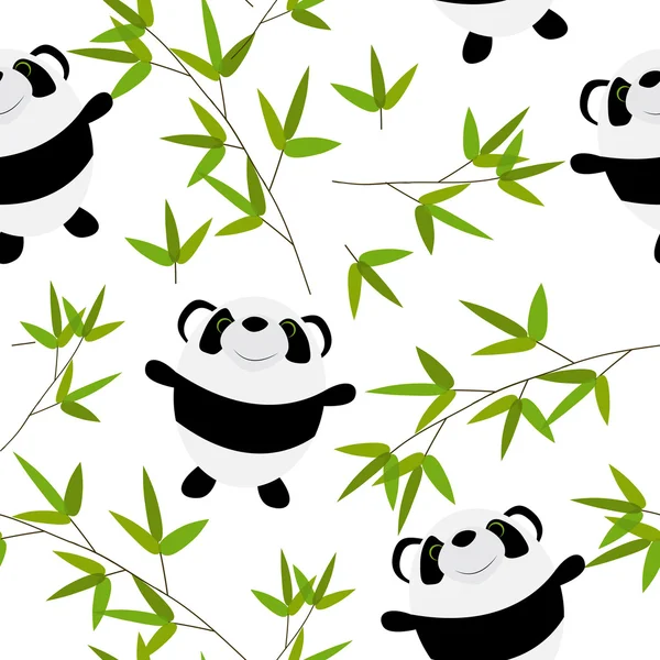 Lindo pequeño panda con hojas de bambú patrón sin costuras — Vector de stock